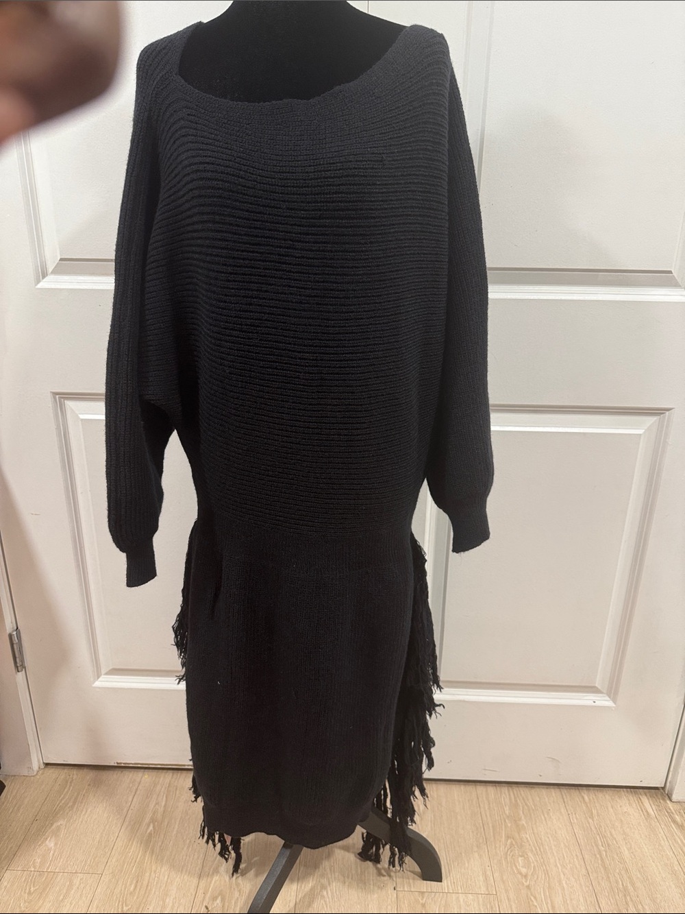Black Knit Fringe Long-Sleeve Dress - Women